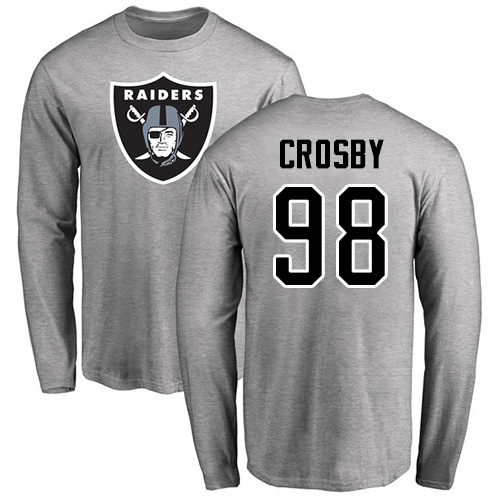 Men Oakland Raiders Ash Maxx Crosby Name and Number Logo NFL Football #98 Long Sleeve T Shirt